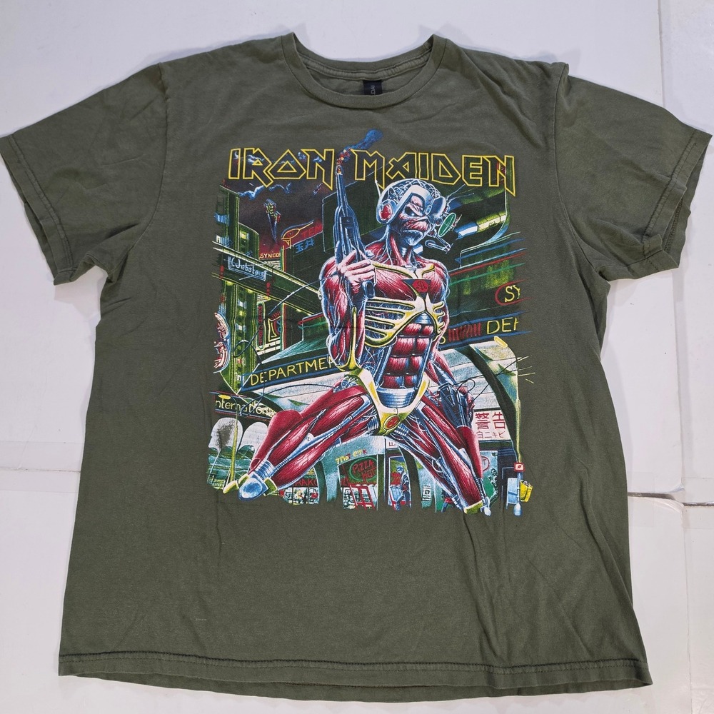 Iron Maiden Somewhere On Tour 86/87 Shirt Mens L Olive Green Gildan Softstyle